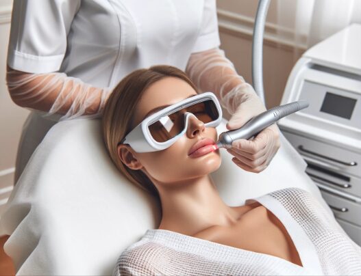 A woman in safety glasses gets laser lip treatment from a technician in a clinic setting