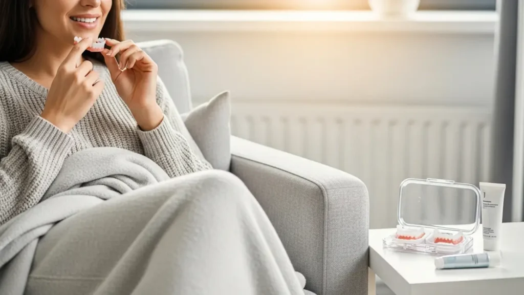 Person using custom at-home teeth whitening trays provided by NYC dentist