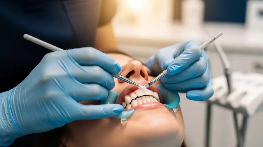 Dentist applying professional in-office teeth whitening gel on patient teeth in NYC
