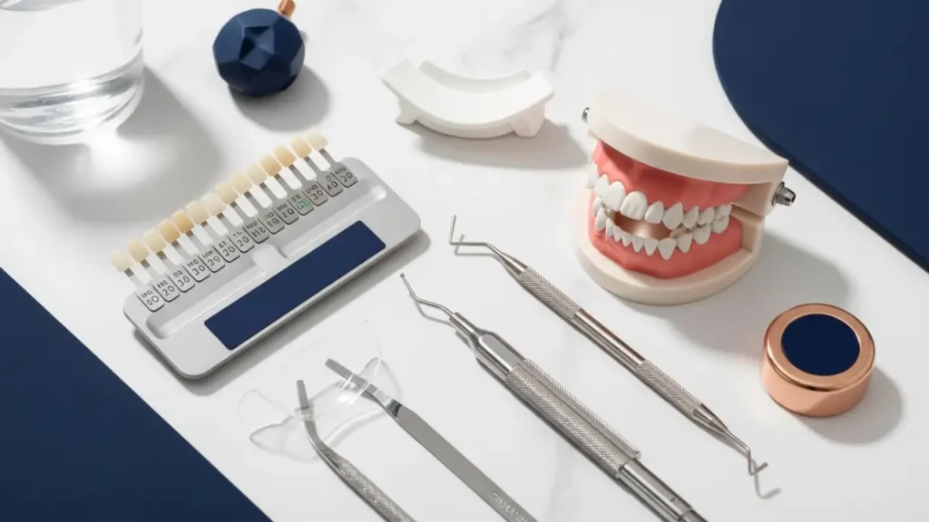 Cosmetic dental tools and smile model representing NYC treatment options