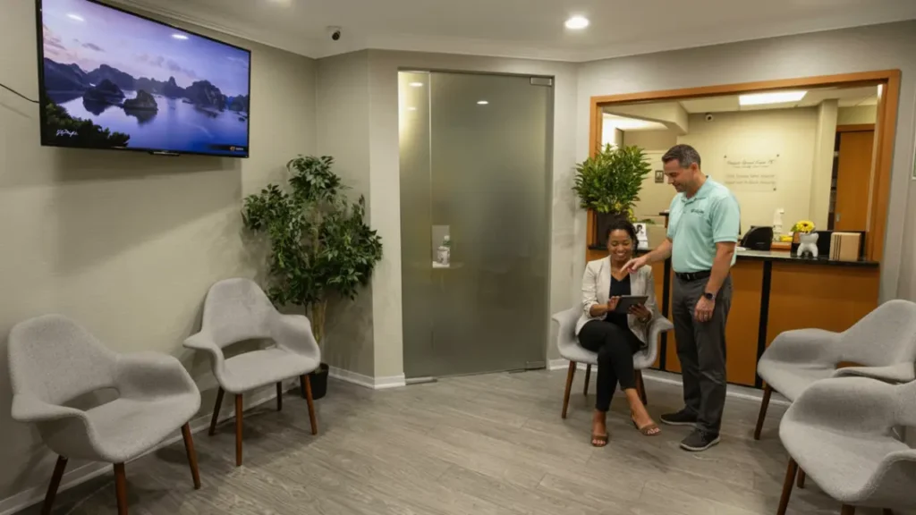 Dental patient reviewing affordable dental implant payment plan with staff at NYC dental office