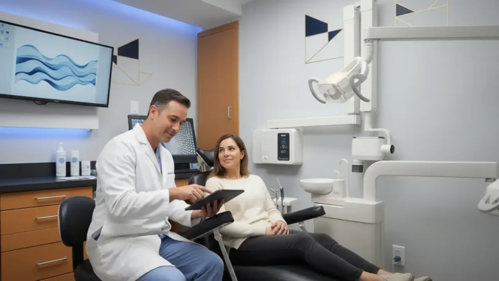 Dentist consulting patient at AL Dental Studio NYC about periodontal care and gum health