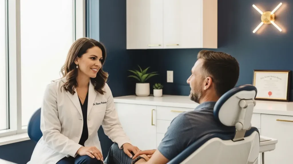 Dentist explaining same day dental implant costs to patient during NYC consultation