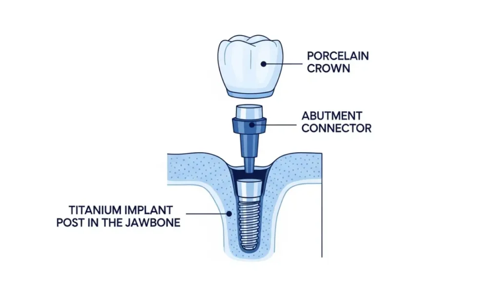 Diagram of dental implant components showing post abutment and crown cost breakdown in NYC