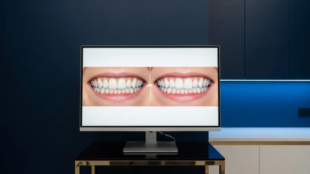 Digital Smile Design before and after simulation displayed on screen at NYC dental office