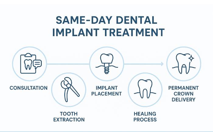 Same day dental implant procedure timeline infographic