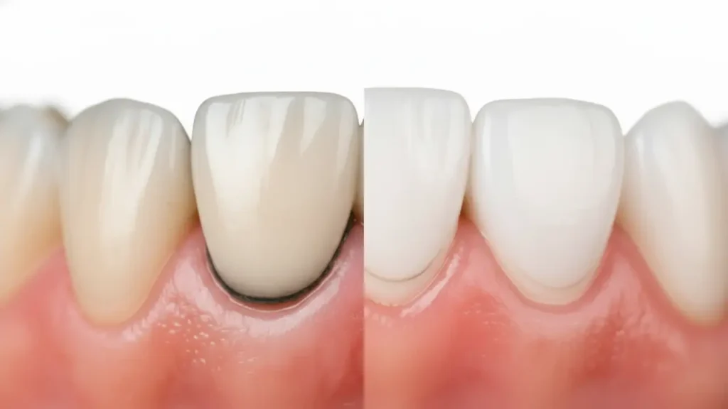Before and after comparison of crown replacement treatment for decay at AL Dental Studio NYC