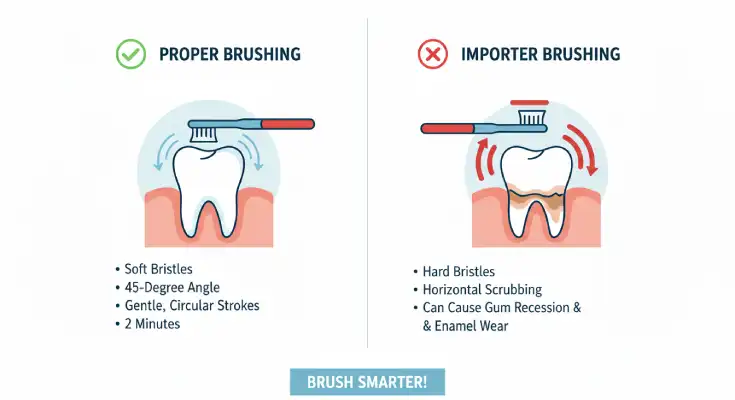 Comparison of proper soft brushing technique vs aggressive brushing causing gum-line wear.