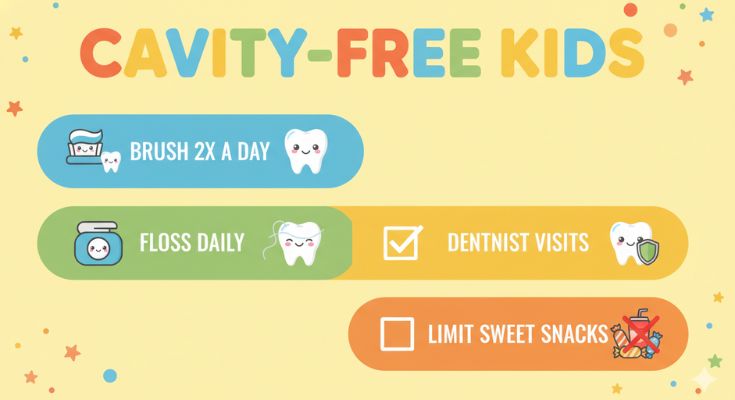 Colorful infographic showing a checklist for cavity-free kids: Brush, Floss, Visit Dentist, Limit Snacks.