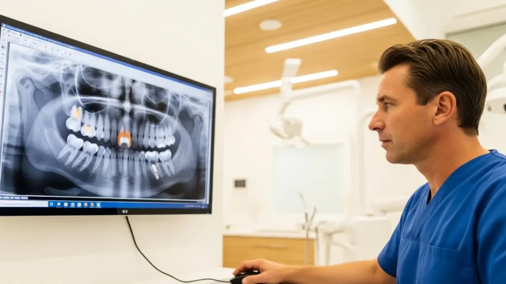 Dentist reviewing digital X-ray to detect decay forming under a dental crown