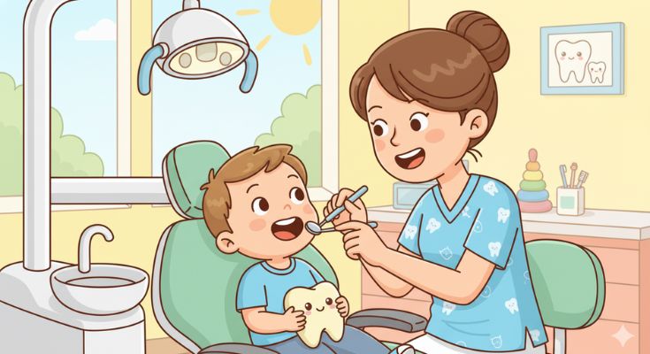 Toddler’s first dental visit with a friendly dentist checking baby teeth in a bright, welcoming clinic.