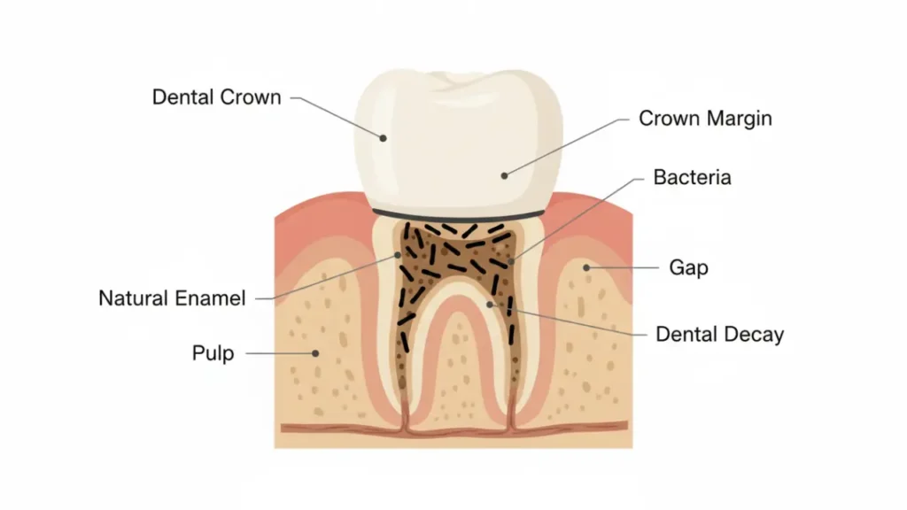 Diagram showing how bacteria enter the crown margin gap and cause decay under a dental crown