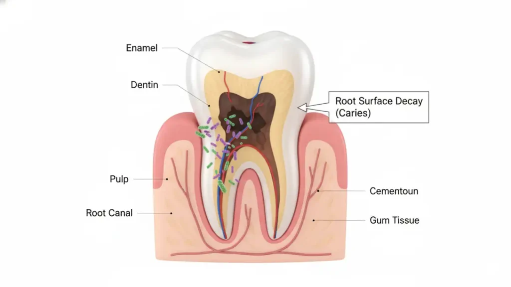 Illustration showing tooth decay at the gum line with exposed roots and bacteria buildup near the gums.