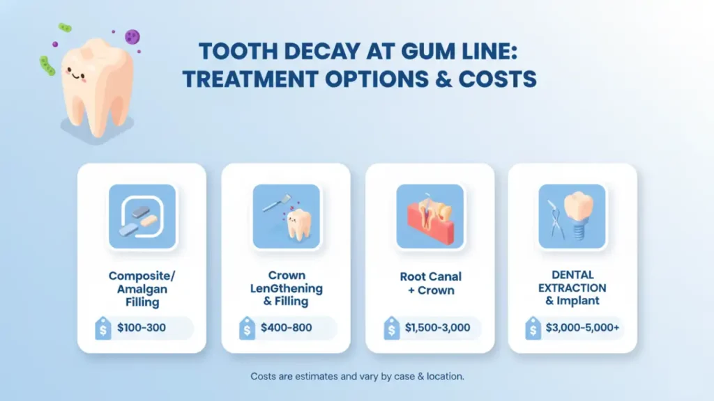 Dental cost comparison chart showing tooth decay at gum line treatment options and average prices in 2025.