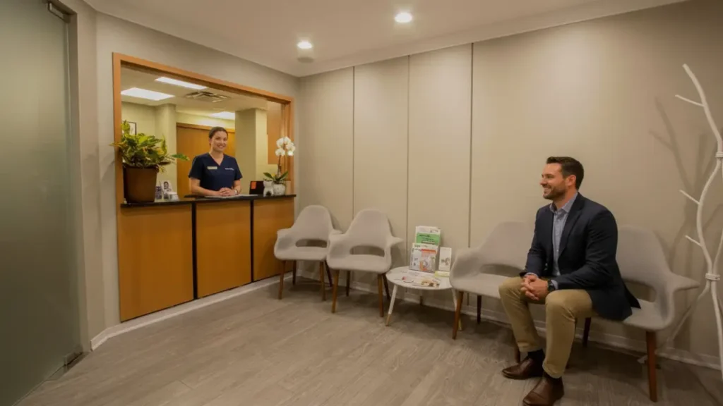 Dental patient reviewing insurance coverage for crown treatment with receptionist at NYC dental office