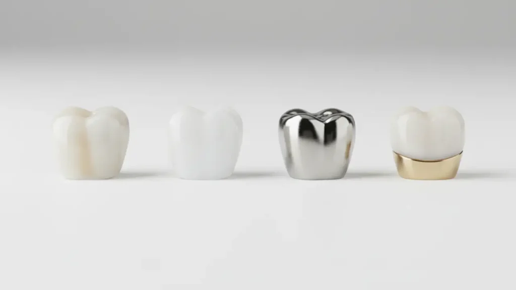 Four types of dental crowns showing porcelain, zirconia, metal, and PFM material comparison for NYC patients