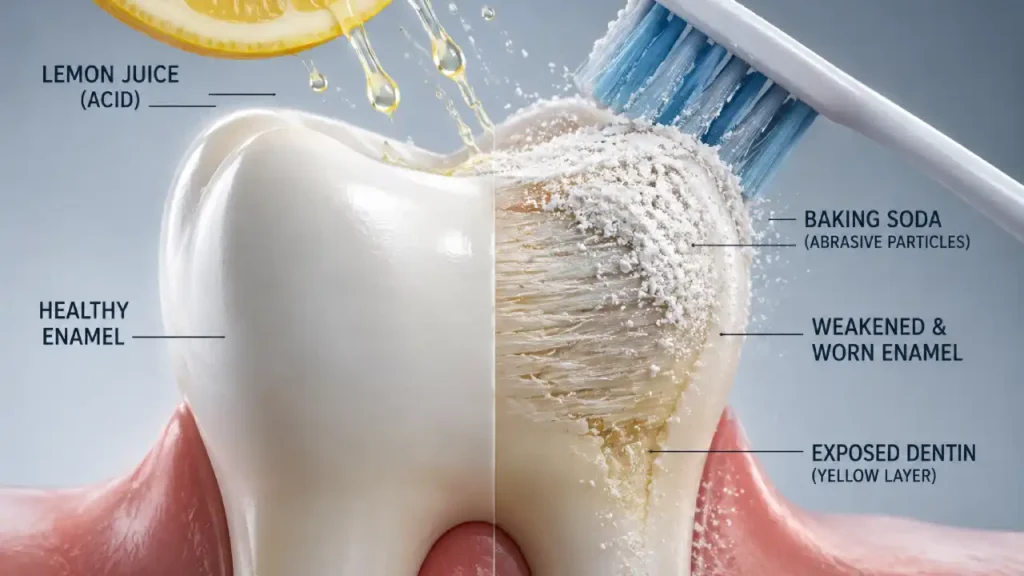 Person comparing baking soda teeth whitening with healthy enamel protection