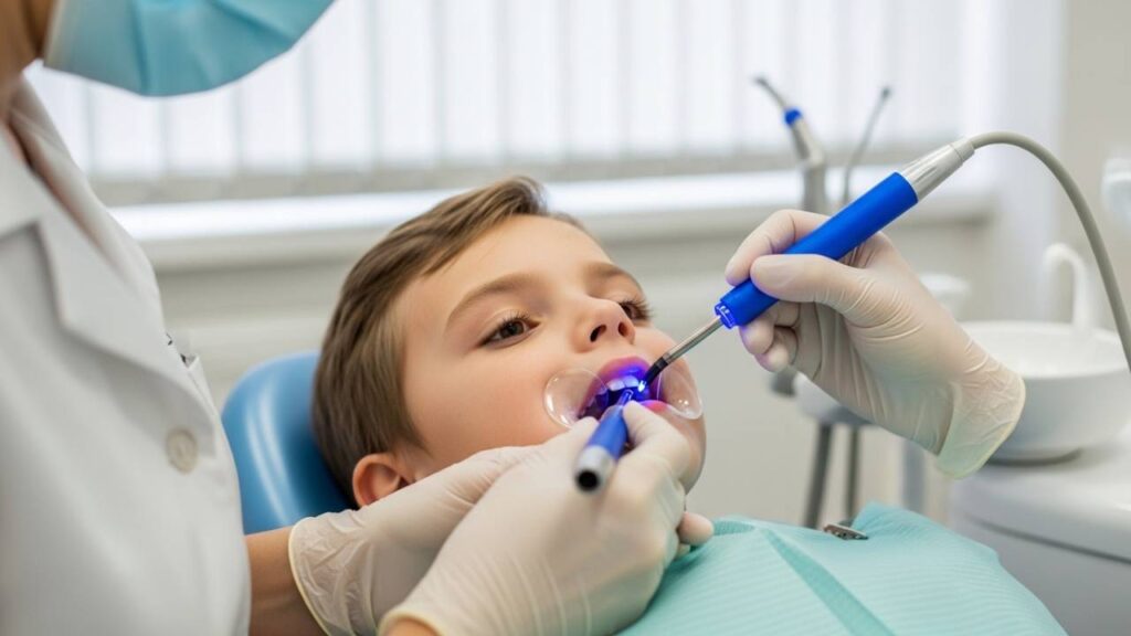 Pediatric dentist using blue curing light to apply dental sealant on child’s molar