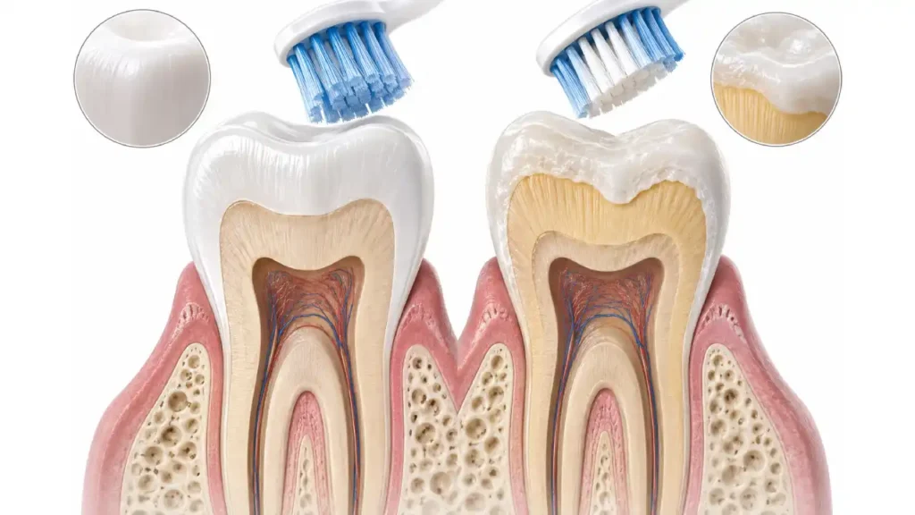 Illustration showing enamel erosion exposing yellow dentin underneath teeth