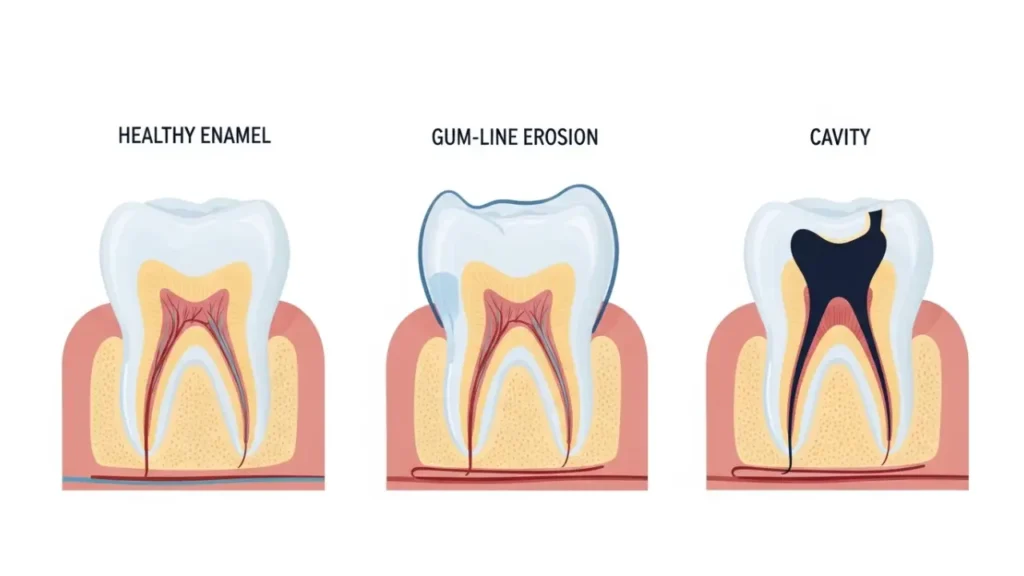 Diagram comparing gum line erosion vs cavity vs healthy tooth structure