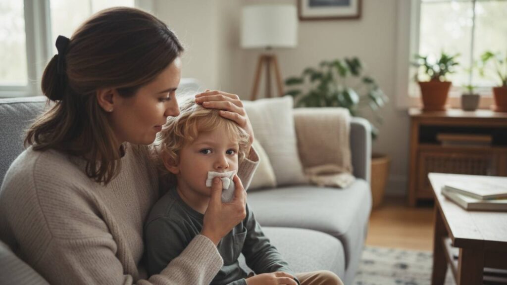 Parent helping child with gauze after pediatric tooth extraction