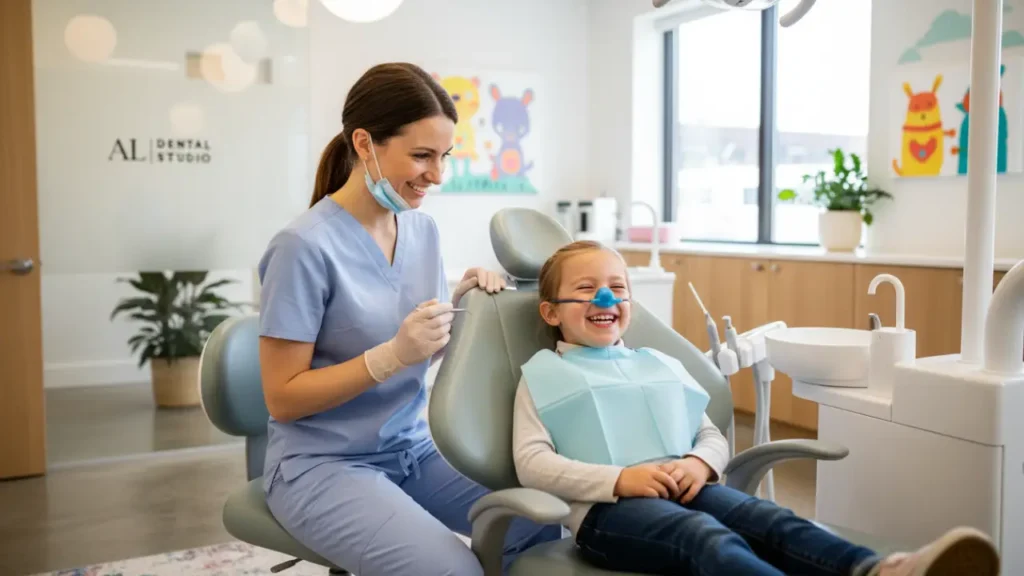 Child receiving nitrous oxide sedation during pediatric tooth extraction in NYC