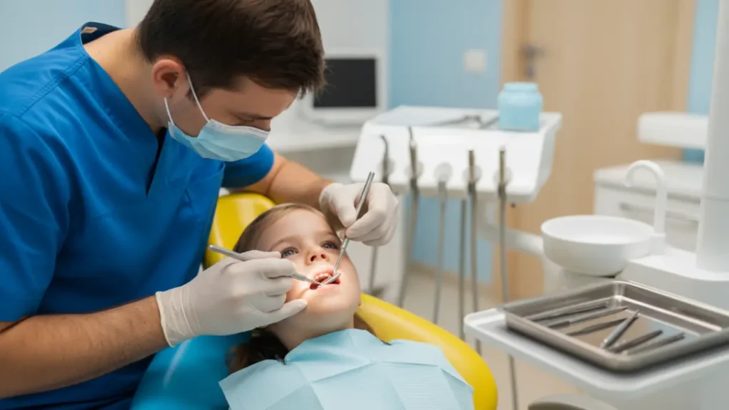 Pediatric dentist examining child tooth before extraction procedure