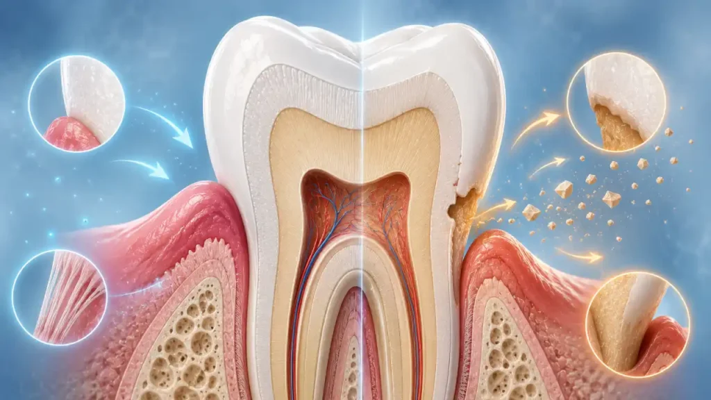 Tooth cross section gum line enamel dentin