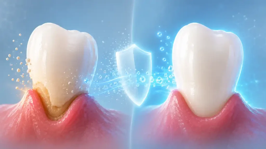 Illustration comparing a tooth with untreated gum line erosion versus the same tooth after treatment