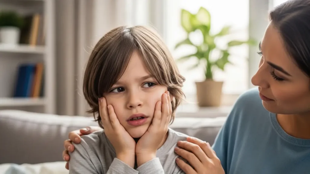 Close-up of a child holding cheek in mild tooth pain (natural, not dramatic).