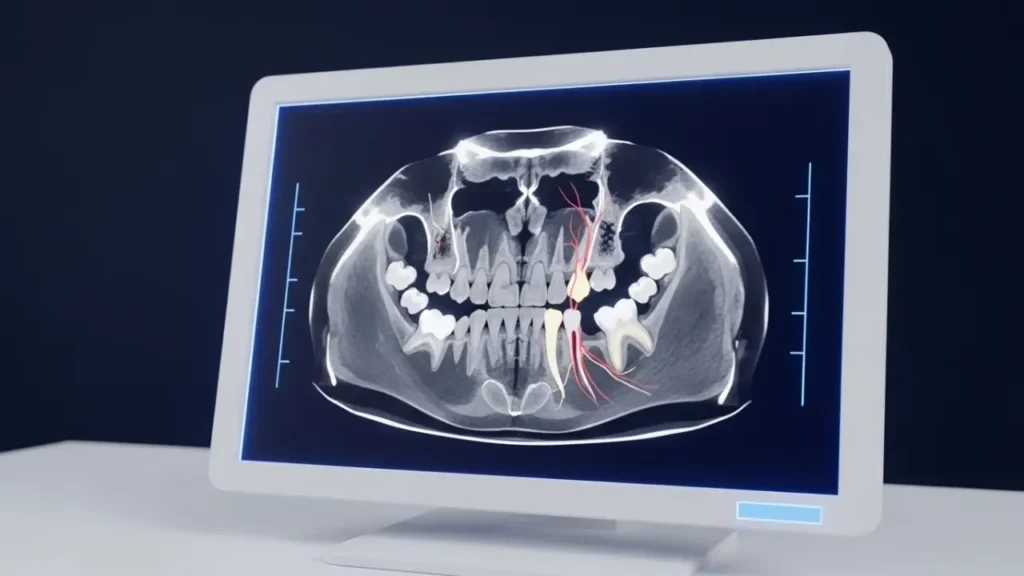 3D cone beam CT scan of a wisdom tooth near the inferior alveolar nerve