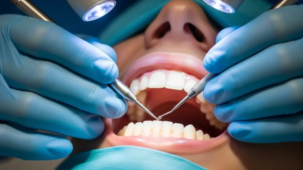 An oral surgeon carefully performing a coronectomy in a clean, modern dental clinic