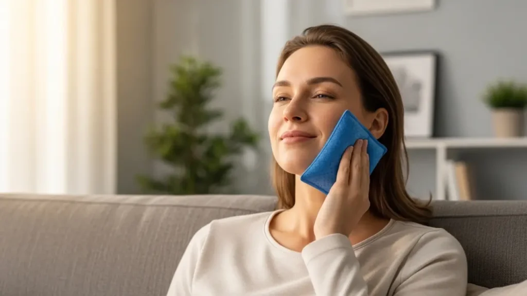 Patient resting comfortably at home after coronectomy with an ice pack