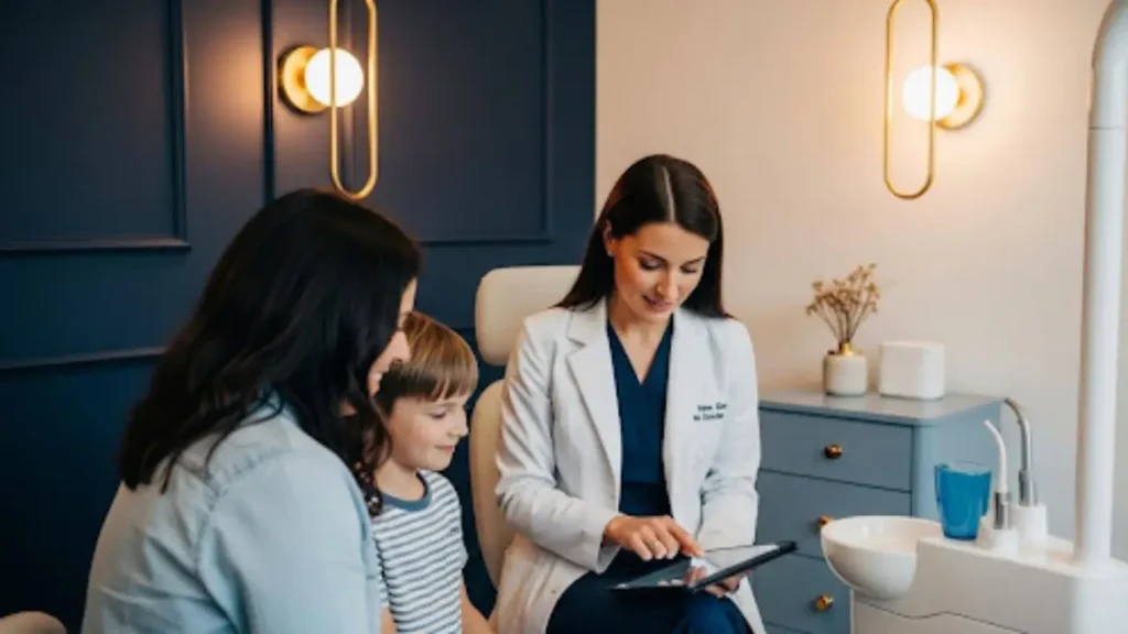 A female dentist in a white lab coat sitting with a mother and her young son, using a digital tablet to explain a dental procedure or treatment plan in a stylish, modern office.