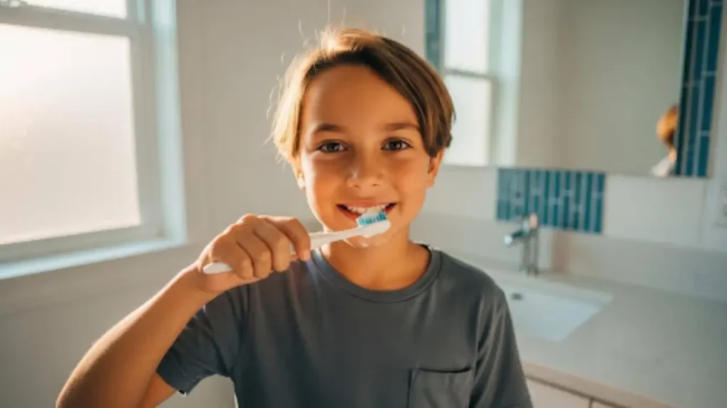 A young boy smiling and holding a white toothbrush to his teeth in a bright, modern bathroom, demonstrating a healthy daily dental hygiene routine.