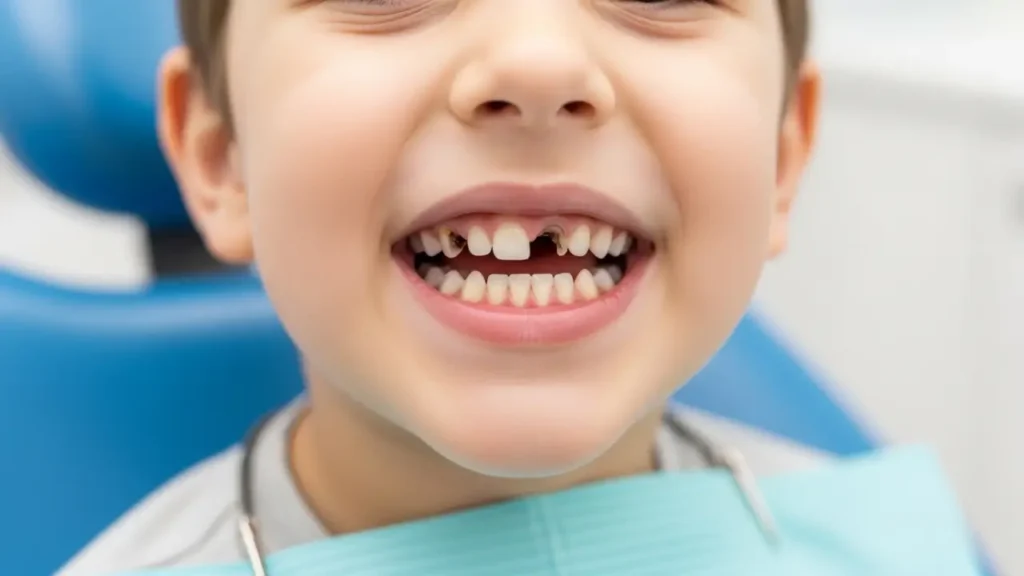 Close-up of a child's smile showing early tooth cavity symptoms, including visible decay and brown spots on the upper front teeth.