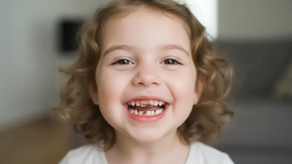 A young girl with curly hair smiling, showing visible early tooth cavity signs and brown spots on her front primary teeth.
