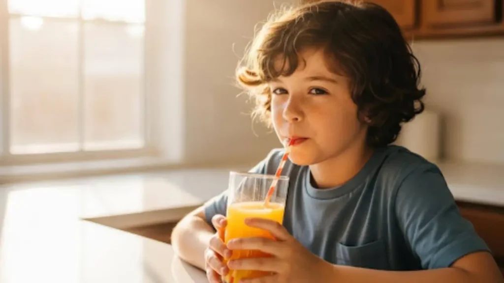 A young boy with curly hair sitting at a sunlit kitchen counter, smiling while drinking a glass of orange juice through a striped straw.