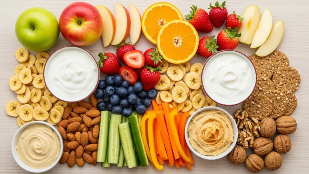 A colorful variety of tooth-friendly snacks for kids, including apples, yogurt, nuts, and cucumbers, which help prevent early tooth cavities.