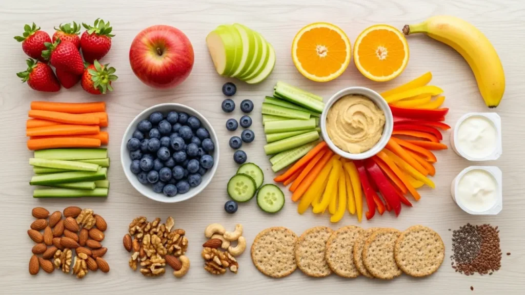 An organized layout of healthy snacks for children, including carrots, blueberries, hummus, and whole-grain crackers, designed for cavity prevention.