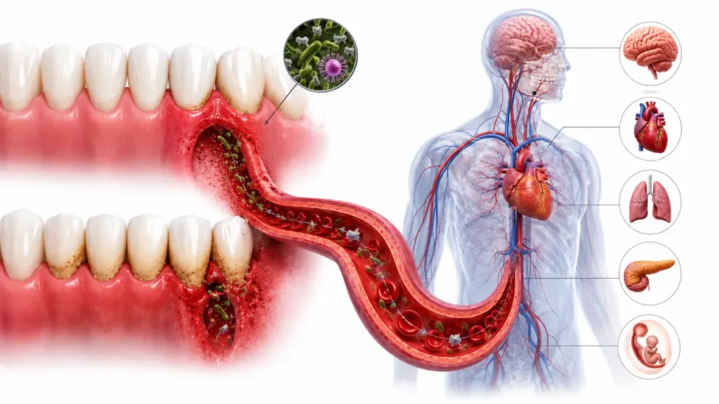 Illustration showing how bacteria from unhealthy gums can enter the bloodstream and affect overall health