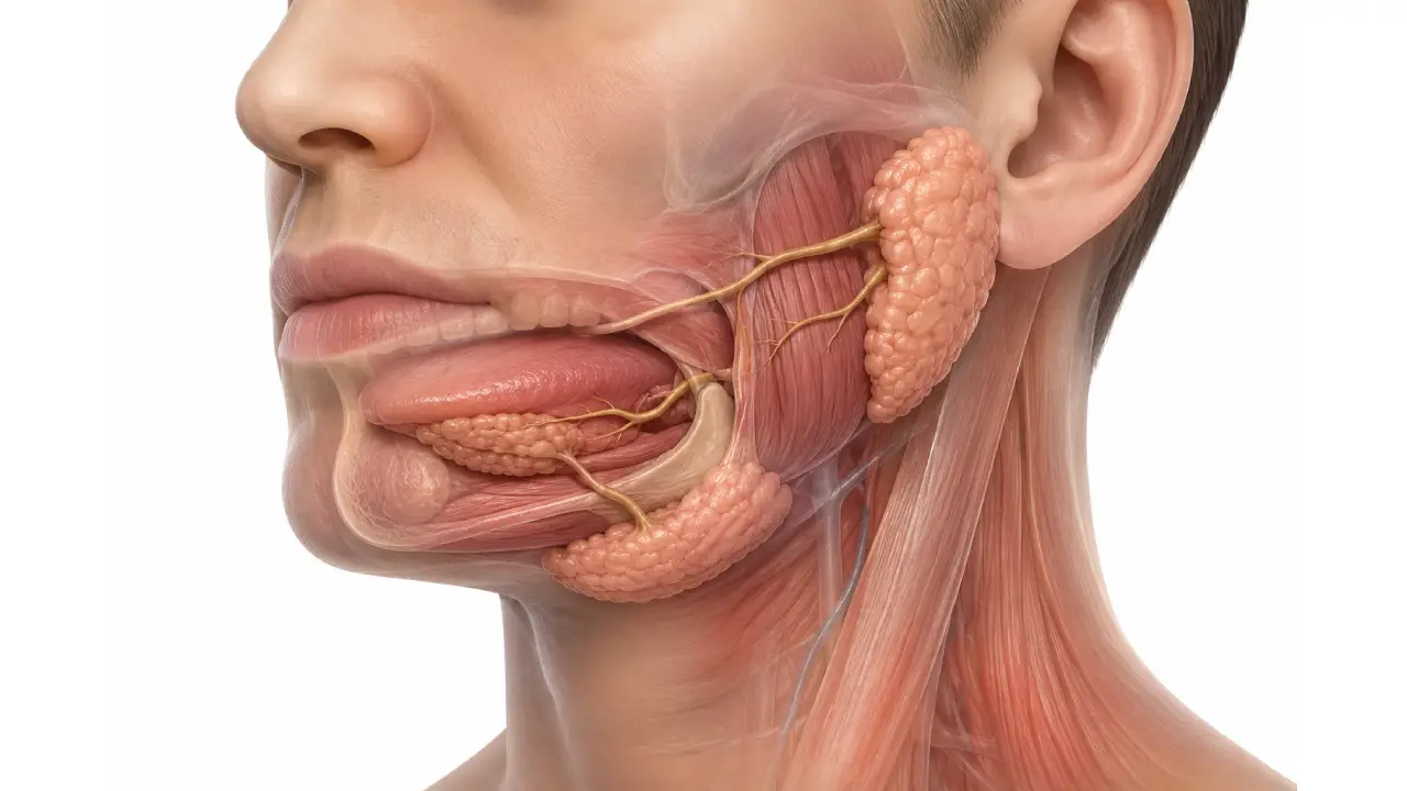 3D illustration showing the major salivary glands and salivary ducts inside the human mouth.