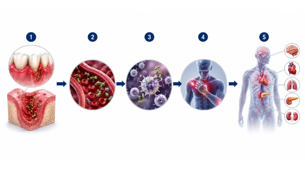 Infographic showing how mouth bacteria enter the bloodstream and affect the body