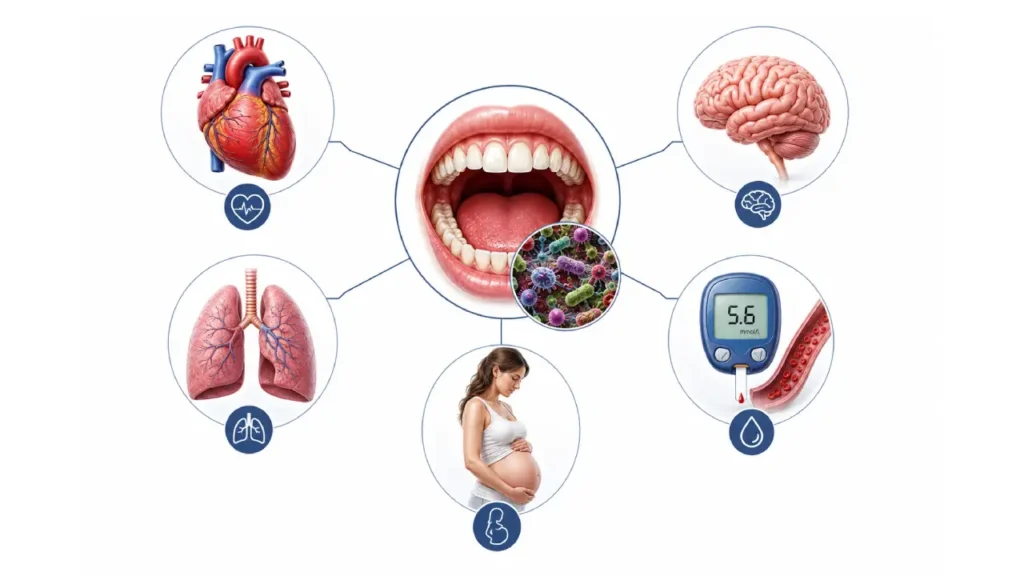 Infographic showing the connection between oral health and heart, brain, diabetes, and other body systems