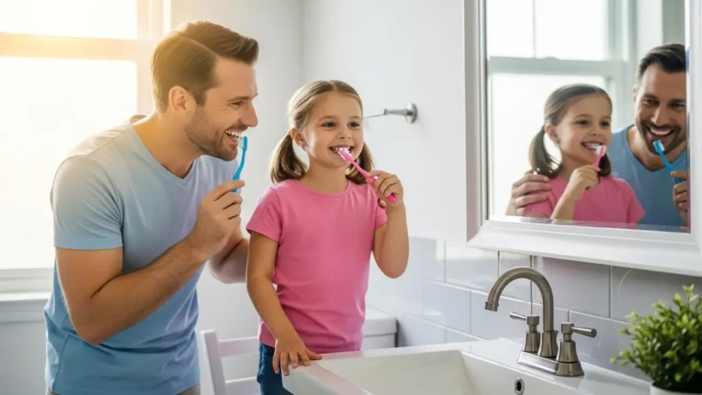 A father and daughter brushing their teeth together in a bright bathroom to demonstrate proper cavity prevention habits for children.