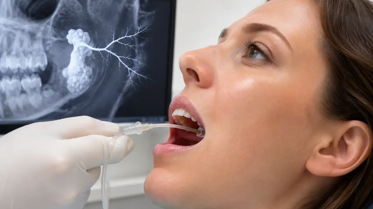 3D illustration of a sialogram procedure using contrast dye to examine the salivary ducts.