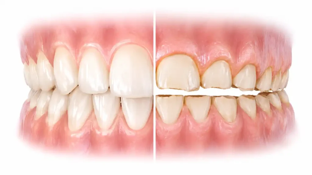 Tooth wear caused by long-term teeth grinding.