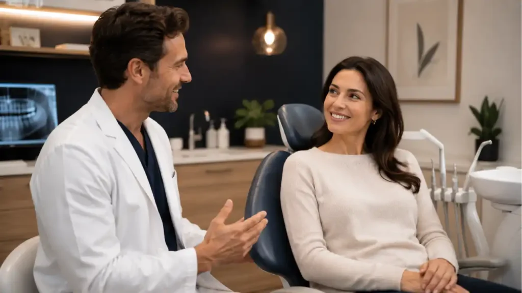 Dentist consulting adult patient about dry mouth treatment options after 50
