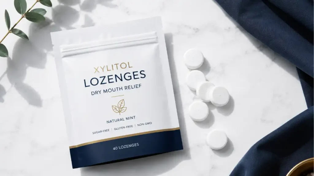 Natural dry mouth relief products including xylitol gum and water for adults over 50