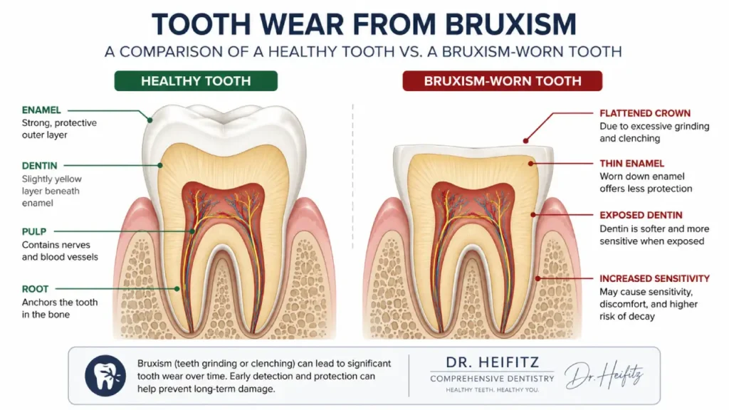 Medical diagram comparing a healthy tooth with full enamel to a bruxism-damaged tooth showing thinned enamel and flattened crown from long-term teeth grinding